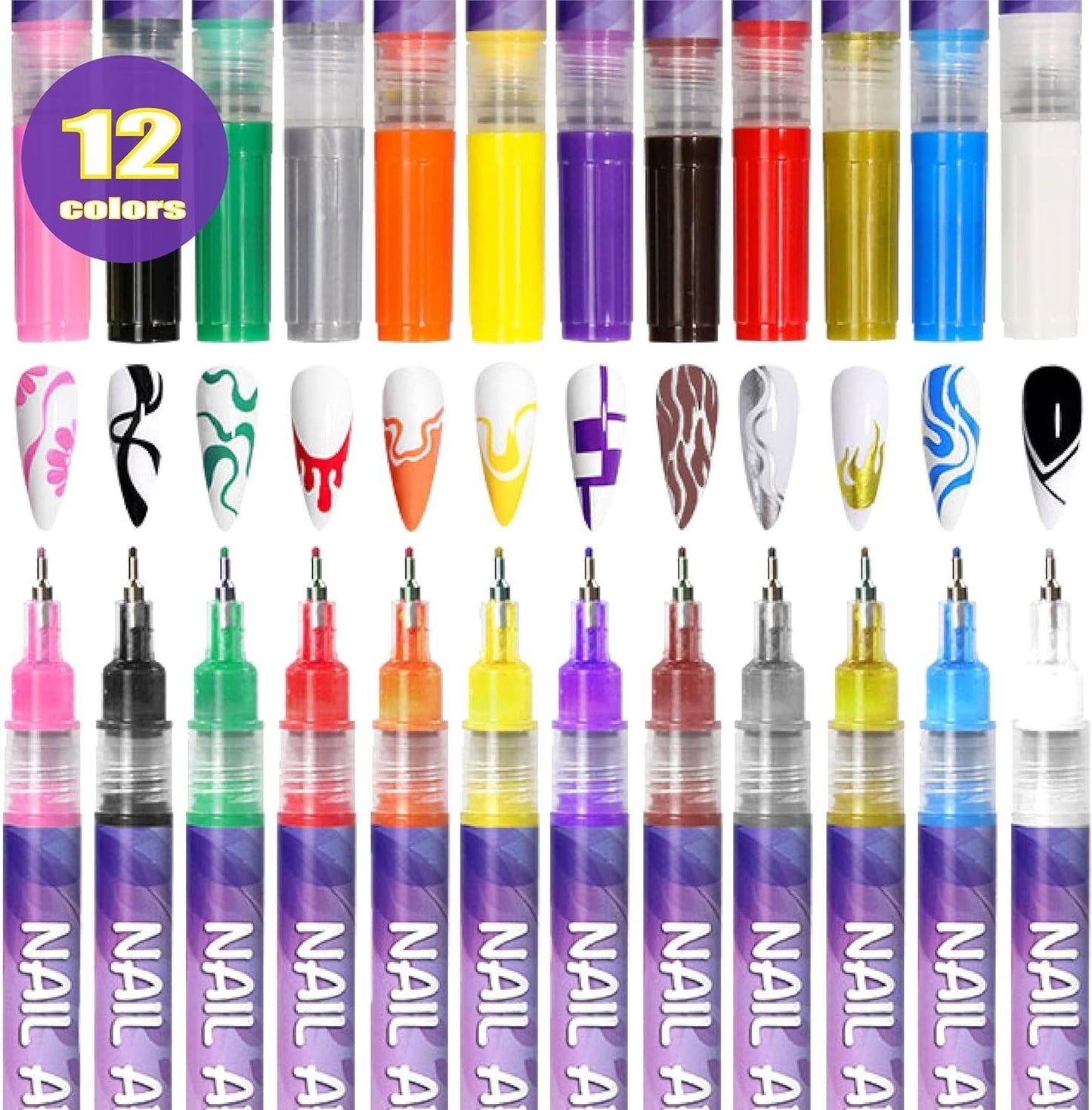 12 Colors Nail Art Marker Pen Set – DIY Creative Nail Design Pens 🎨💅